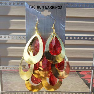 4.5" Red/Gold Tear Drop Chandelier Earings